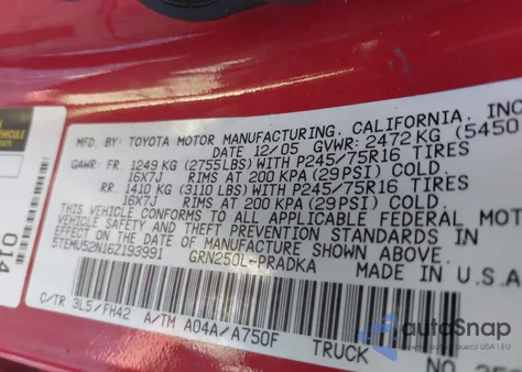 2006 Toyota Tacoma Base V6 z USA, uszkodzony, nr VIN 5TEMU52N16Z193991